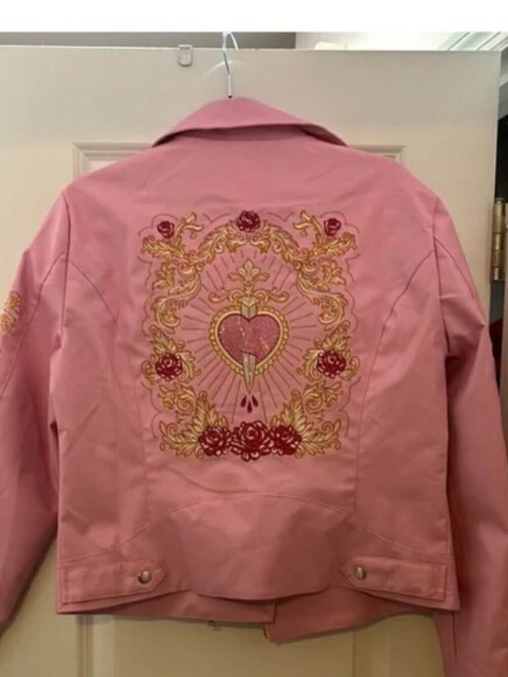 NWOT Sugar Thrillz Faux leather Embroidered Pink moto Jacket